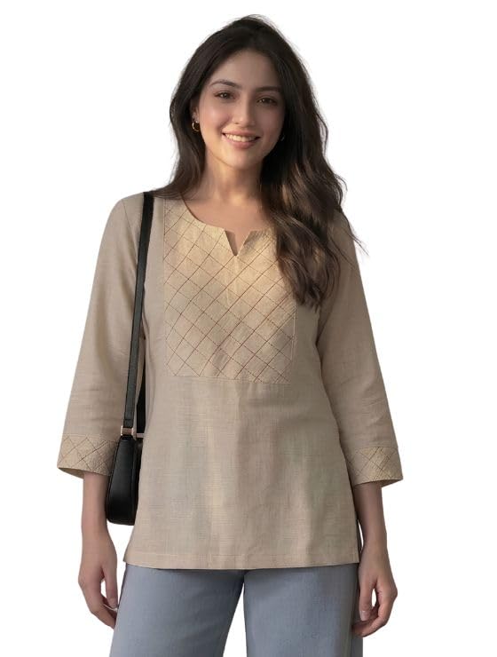 Cotton Solid Straight Short Kurti for Women | Boat Neck Kurta for Girls | 3/4 Sleeves Kurti | Embroidered Yoke Casual Ethnic Tunic Top | WASHINGTAGAICHECKBOX-picture-29