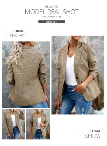 Sidefeel Women Plaid Print Outwear Work Office Suit Jacket Casual Blazers Coat Large Khaki #TOP3