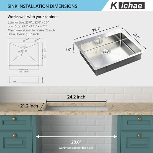 Image of Kichae 25 Drop In Kitchen Sink - 25x22x5 ADA Compliant Drop Sink Stainless Steel 16 Gauge Single Bowl Topmount Round Corner Handmade Shallow Basin