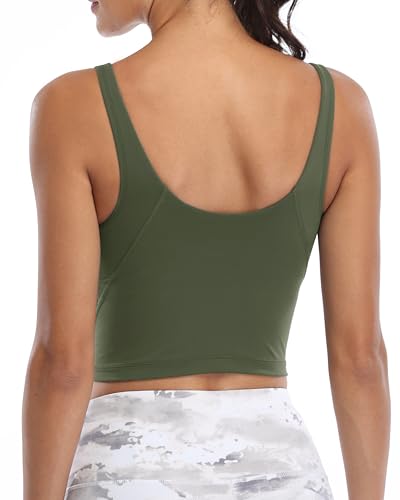 Image of Oalka Sports Bra Womens Longline Padded Crop Yoga Tank Tops | Built in Bras, Workout, Athletic, Fitness, Super Soft, Comfort, Cropped Top, Removable Pads, Heart Neckline For Women