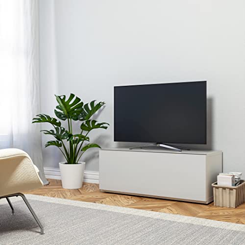 Image of SONOROUS ST-110 Premium TV Stand with White Glass & White Wood Cover - Modern Entertainment Center & Media Console for Living Room - TV Cabinet up to 65 Inch with Hidden Wheels - Sleek Storage Design