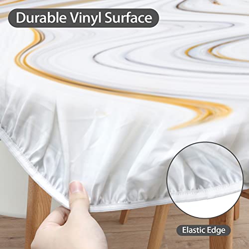 Round Vinyl Fitted Tablecloth With Elastic Edge Plastic Round Table Cover Waterproof Reusable Round Elastic Tablecloth Wipeable For Indoor Outdoor (Gold Marble, Fits Tables Up To 36"-44" Diameter) #TOP2
