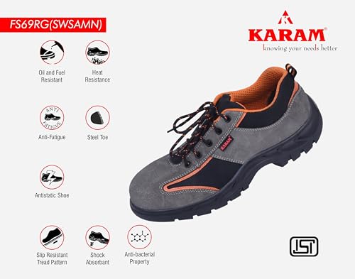 Image of Karam FS69 Grey and Black Suede Leather Safety Shoes for Men |Single Density with Steel Toe | Antistatic, Antislip, Oil & Heat Resistant