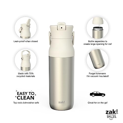 Image of Zak Designs Harmony Water Bottle for Travel or At Home, 32oz Recycled Stainless Steel is Leak-Proof When Closed and Vacuum Insulated with Straw Lid and Carry Handle (Ivory White)