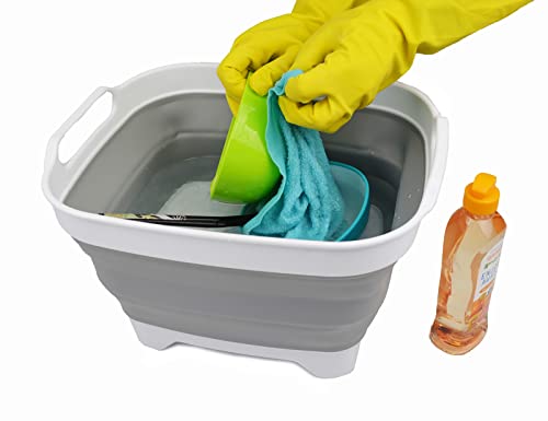 SAMMART 7,5L zusammenklappbare Spülschüssel mit Ablassstopfen – klappbares Waschbecken – tragbare Spülwanne – platzsparend (Weiß/Grau, 1)