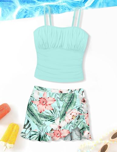 Image of Girls Tankini Bathing Suits Size 12-14 Two Piece Tropical Print Pleated Tween Girls Swimsuits Adjustable Straps with Ruffle Drawstring Beach Skirt Swimwear Blue Plant 13-14 Years