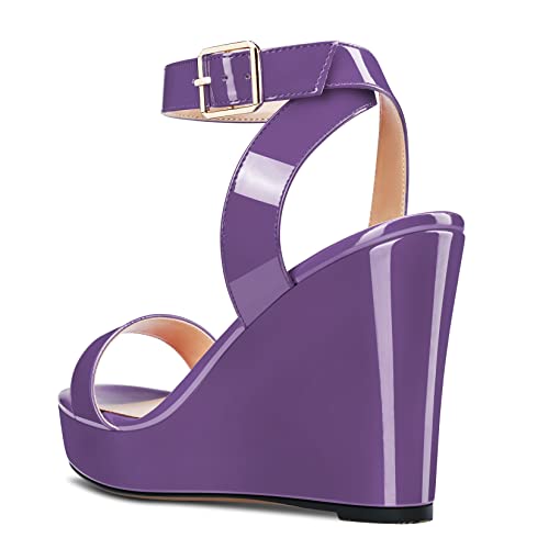Image of Aachcol Women Platform Wedge Sandals Round Peep Open Toe Ankle Strap Slingback Two-Piece Chunky Block High Heel Dress Shoes Pumps Party Patent 4 Inch