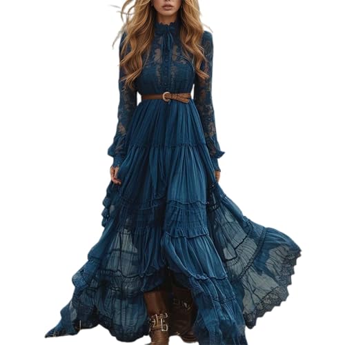 Generisch Vestidos rústicos vintage para mujer, estilo rústico, largo, bohemio, cuello de pico, vestido de gasa, informal, vintage, vestido maxi a la moda, elegante, azul, XL