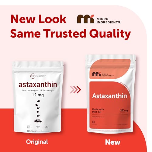Image of Micro Ingredients Astaxanthin 12mg with MCT Oil, 60 Softgels | Fresh Microalgae Source | Triple Strength, Easy to Swallow, Non-GMO, Gluten Free, Soy Free