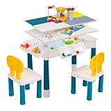 7-in-1 Activity Table Set, Toddler Table and Chair Set with Storage, Building Block Table with 100PCS Play Blocks, Water & Sand Table, 1 Table + 2 Chairs, for Boys Girls Ages 1-3, (82×38×46CM)