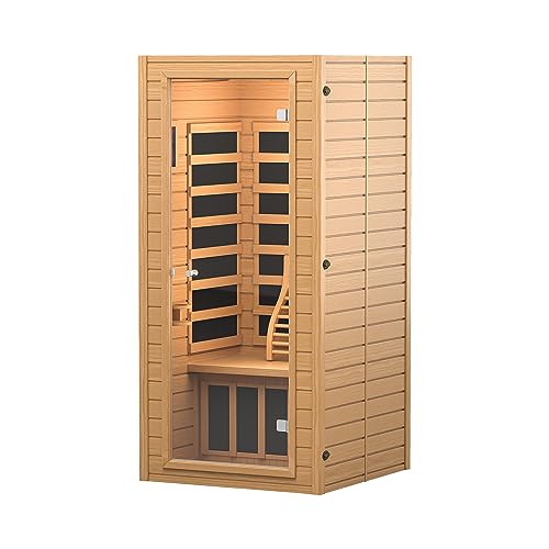 Infrared Sauna Room for Home, Near Zero EMF Wooden 1 Person Indoor Home Sauna with Bluetooth, LCD Control Panel, Chromo Therapy Light One Person Wood