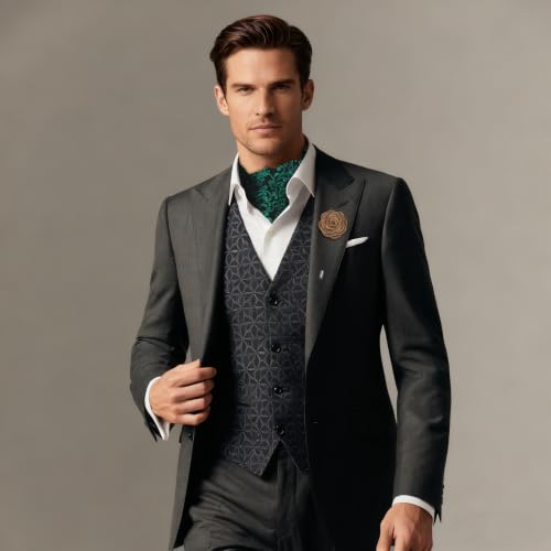 Image of DiBanGu Mens Jacquard Woven Ascot Silk Cravat Set for Wedding | Paisley Ascot for Men,Silky Smooth,Soft and Thick,Pocket Square,Cufflinks,Lapel Pin,Business,Formal Occasions,Celebration