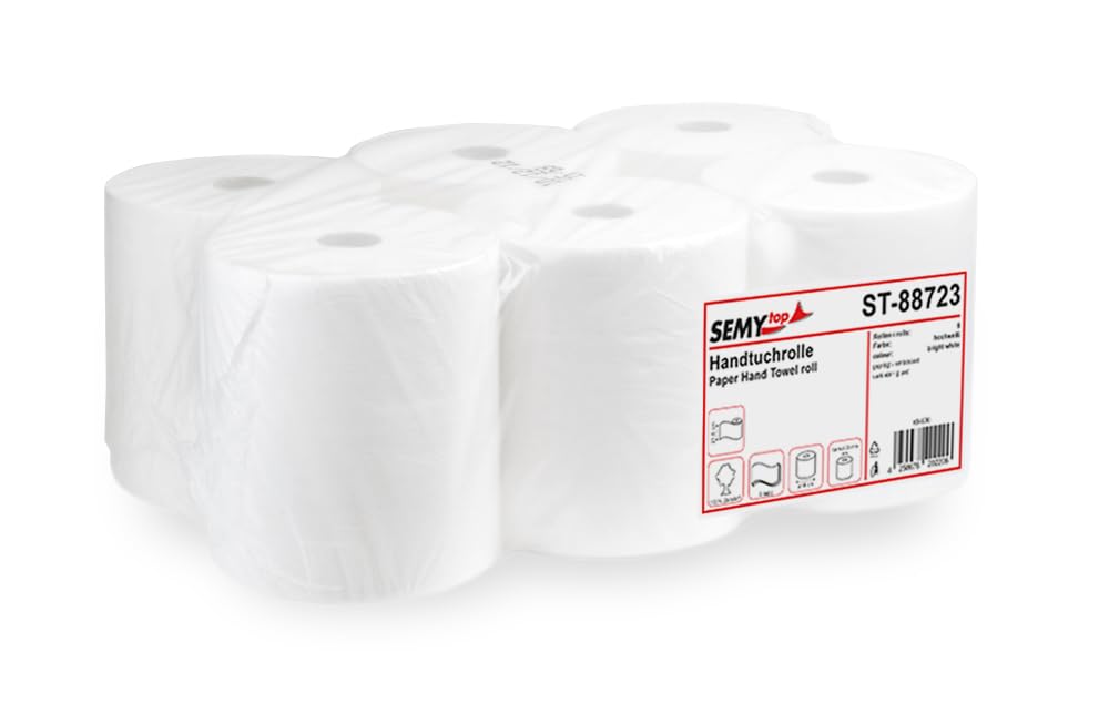 Divertido rollo de toalla de mano de 2 capas con núcleo especial de 4 cm, para dispensadores genéricos, color blanco brillante, 21 cm aprox. 130m (Pack de 6)