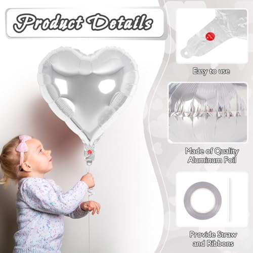 Image of 30 Pcs Silver Heart Balloons, 3 Sizes Heart Foil Mylar Balloon, Valentine Day Party Decorations, Love Balloon Valentine Balloons for Birthday Party Wedding Baby Shower