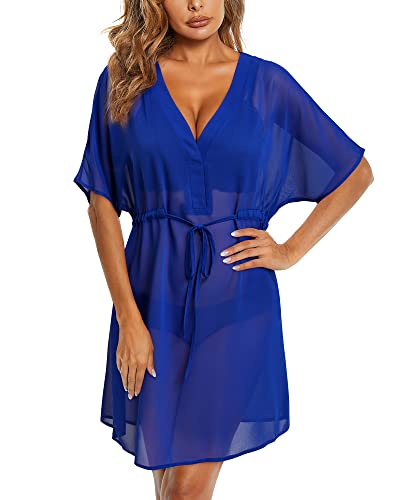 OUGES Women Summer Bikini Cover Up Sexy Sheer Short Chiffon Beach Dress Navy Blue Swimsuit(Navy,XL)