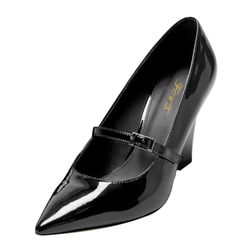 FOWT Women Pointed Toe Strappy Pumps Sexy Stable Wedge High Heels Buckle Wedding Evening Party Shoes Size 4-16 US