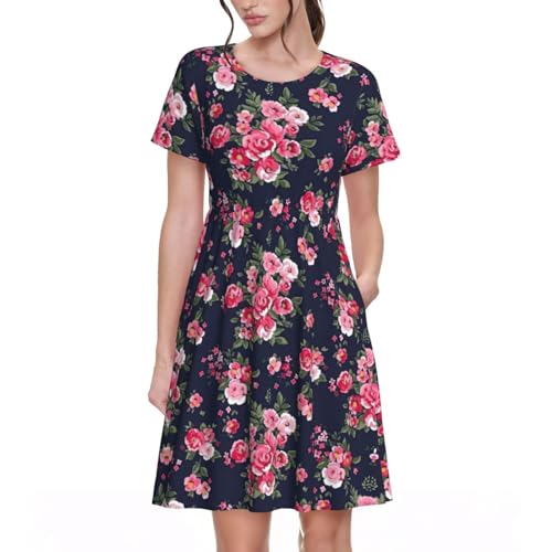 Robe d'été décontractée manches courtes motif floral pivoine robe de plage femme