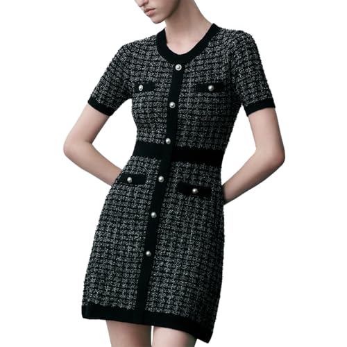 URBAN REVIVO Women's Sweater Dress Knit Tweed Dress Short Sleeve