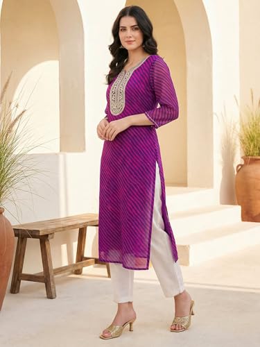 Image of INDO ERA Women's Georgette Leheriya Printed Straight Calf Length Kurtas (IEAI12232)