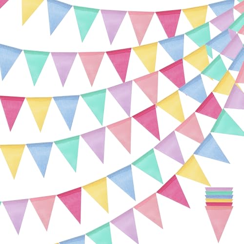 Image of Pastel Pennant Banner Flags - 12 Strings 156ft Colorful Triangle Bunting Burlap for Birthday, Classroom, Graduation, Party, Carnival, Back to School & Outdoor Decorations