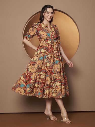 Image of KZULLY | Dress for Women | Midi Dress | Floral Printed | Polyester Fabric | Bell Sleeve Ethnic A-Line | Tiered Fit & Flare | Casual & Festive