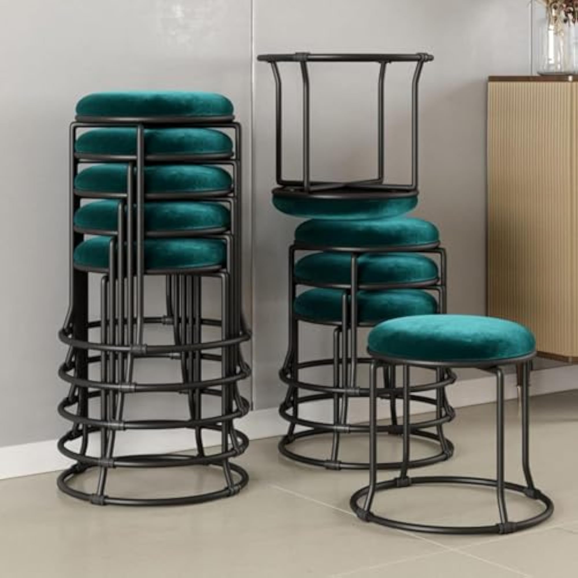 Luxury Modern Black Round Stool with Velvet Cushion