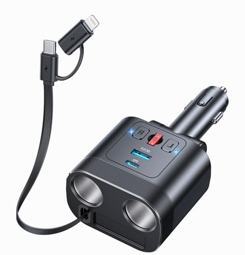 Image of Cigarette Lighter Splitter, Dual Socket Cigarette Lighter Adapter with Retractable Cable, Double 30W PD & QC 3.0, 12V /24V Car Charger Splitter for iPhone 17 Pro Max /16 /15 /14 /Samsung /Dash Cam /GPS