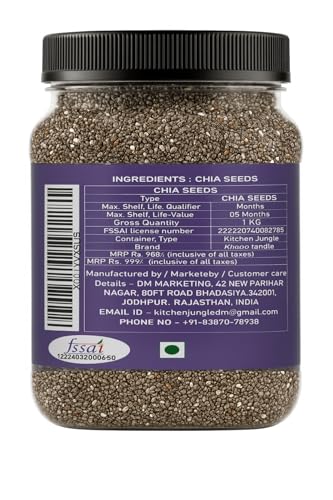 Image of Kitchen Jungle Raw Chia Seeds 1 kg Jar Pack | Seeds For Eating | Diet Snacks | chia seeds for weight loss | Omega-3 | Non-GMO and Fibre Rich