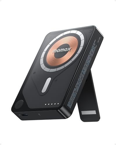 MOMAX Magnetic Power Bank, 10000mAh Wireless Portable Charger, Wired 20W Fast Charging Battery Pack, Compatible with Magsafe, iPhone 15/14/13/12 Series, Built-inUSB C Charging Cable and Stand Included