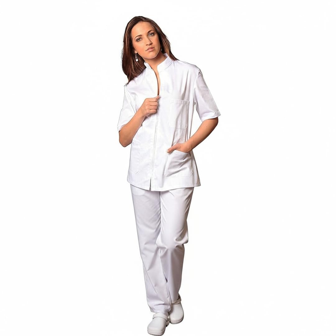 Traje completo de trabajo blanco cremallera cuello corano unisex algodón estético enfermera/A