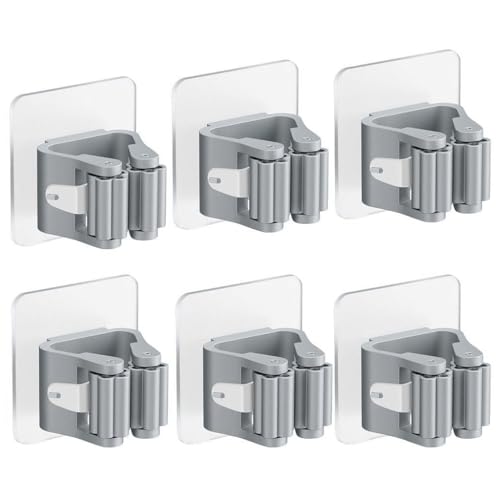 HANNEA 6 PCS Broom Holder Wall Mount Mop Grippers Self Adhesive Non-Slip Mop Holder Pull-in Mop Roller Holders for Kitchen Bathroom Office Garage Storage