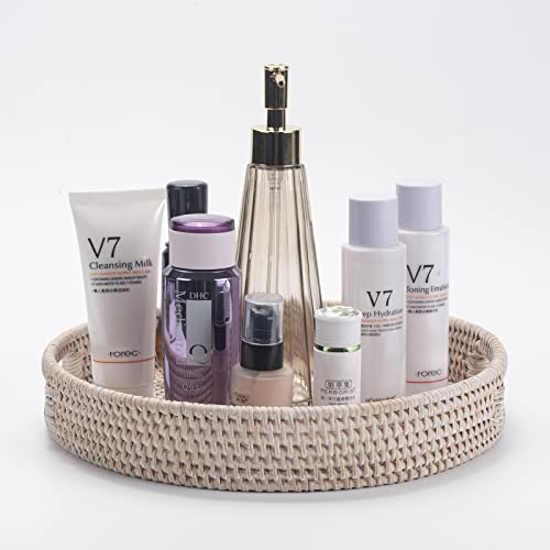 11.8 Inch Round Rattan Tray, Woven Serving Tray With Cut - Out Handles, Wicker Serving Basket, Whitewash #TOP1