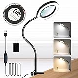 KMDES 10X Magnifying Glass with Light and Clamp, Flexible Gooseneck Lighted Magnifying Lamp with Stand, 3 Color Modes & Stepless Dimming LED Magnifier Clip Light for Craft, Reading, Sewing, Close Work