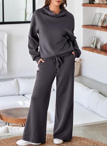 Image of Aleumdr Women's 2 Piece Outfits Lounge Set Mock Neck Long Sleeve Sweatshirt With Wide Leg Pants Sweatsuit Fall 2025
