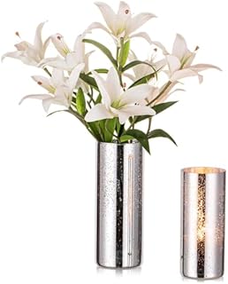 Glasseam Glass Cylinder Vase, Mercury Silver Vase Set of 2, Modern Glass Vases for Table Decoration, Decorative Vase Flower Vase for Pampas Grass, Hurricane Vases for Flowers Wedding Centrepieces