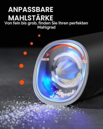 Foto von FORLIM Elektrisches Salz und Pfeffermühlen, Automatisches Schwerkraftmahlen Pfeffermühle, Einstellbare Grobheit, Einhandbedienung, mit LED-Licht, Salzmühle aus Edelstahl,1er Pack(Schwarz)