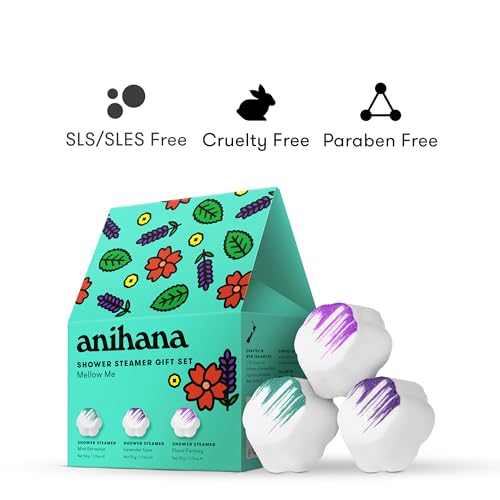 Image of ANIHANA Shower Steamers Mellow Me 3 Pack Gift Set with Essential Oils, Paraben Free, Mint Refresher, Lavender Love, Floral Fantasy, 1.76 oz Each
