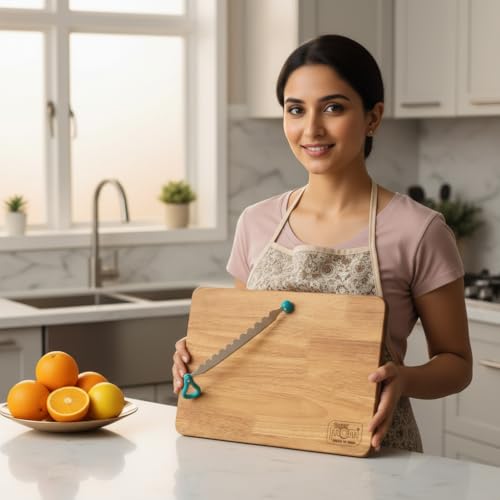Image of SUPERMOM Chopping Board 1 Pc - Wooden Multifunctional Craft Cut & Chop Board with Stainless Steel Knife - 2-in-1 Vegetable Slicer & Fruit Cutter with AdjustableNon Slip Handle - Ideal for Kitchen Use