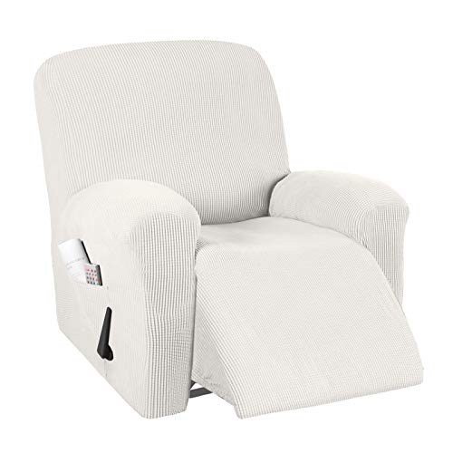 Stretch Recliner Chair Cover Recliner Slipcover 1 Piece Furniture Protector With Elastic Bottom Chair Slipcover With Side Pocket Thick Soft Small Checked Jacquard Chair Cover, Off White #TOP22