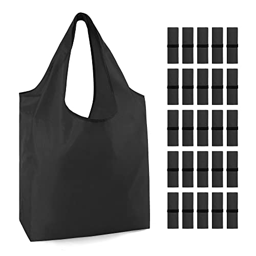 BeeGreen Black Reusable Grocery Bags Bulk 25 Pack Reusable Shopping Bags w Elastic Band 15"* 15.8"* 4.7" Portable Reusable Tote Bags for Groceries Wholesale Heavy Duty Lightweight Washable Cloth Bags