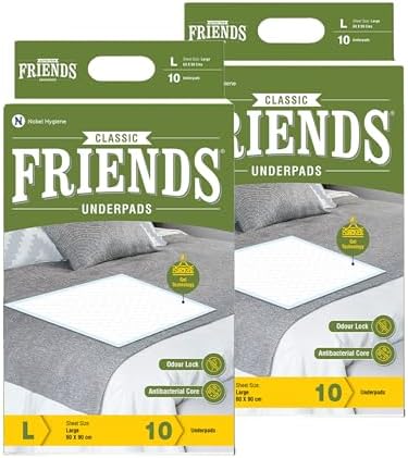 Friends Classic Large Disposable Underpads for Adults (60x90 cm) | 20 Count | Highly Absorbent | Unisex | Rash Protection | Converts Liquids to Gel | Cottony Soft | Anti-Bacterial & Leak-Proof