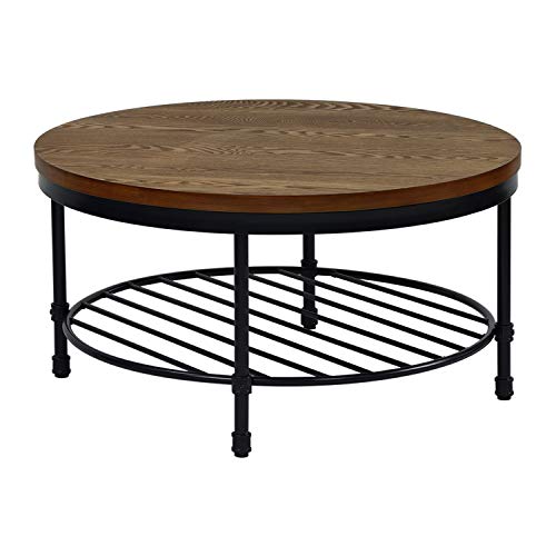Image of Round Coffee Table, Rustic Wood Surface Top & Sturdy Metal Legs Industrial Sofa Table for Living Room Natural End Table Modern Design Home Furniture with Storage Open Shelf (Brown)