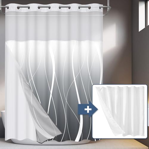 Likiyol Gray Ombre No Hook Shower Curtain with 2Pcs Snap in Liner, Modern Striped Hotel Shower Curtain and Liner Set, See Through Shower Curtain with Window, Double Layer, Waterproof, Washable
