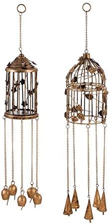 Evergreen Decorative Bird Cage Wind Chime with Botanical Details, 2 Asst., 4.5''x 4.5'' x 25'' inches