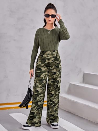 Image of Floerns Girl's Long Sleeve Tee Shirt with Camo Print Pants Set 2 Piece Outfit