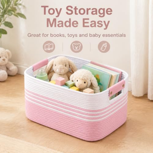 Image of 15.4GAL Rope Laundry Basket for Dorm, Cute Boho Square Woven Basket for Living Room Throws Pillow Blanket Storage, Short Dirty Clothes Hamper for Baby Girls Boys Toys Stuffed Animal Towel White Pink