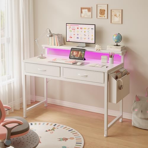 DurayLoly Computer Desk with 2 Drawers & LED Lights,31.5 Inch Home Office Desks with Side Pocket and...