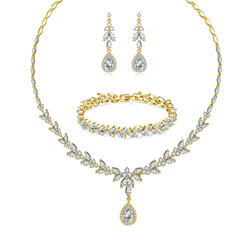 Zolkamery Femme Parure Plaquée Or, Tiges Chaîne Pendentif Hypoallergénique, Ensemble de Bijoux Boucles d'oreilles Collier Bracelet Fleur avec Zircon Cubique...