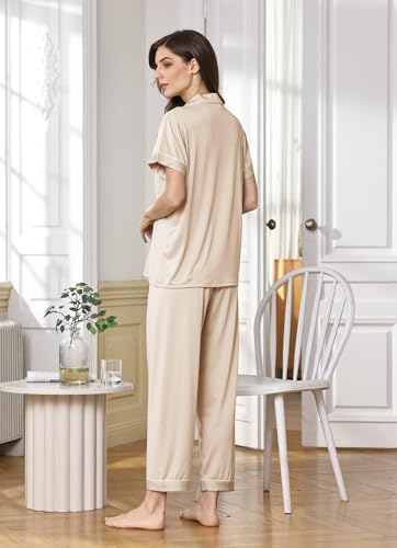 Image of WJing Yi Jia Womens Soft Pajamas Set XS-XXL Button Down Sleepwear Short Sleeves Pajama sets with Long Pants Pj Set Nightwear