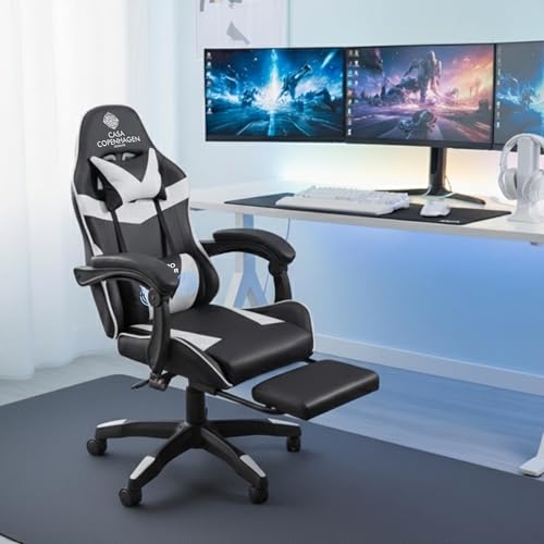 Image of Casa Copenhagen Designed in Denmark,High-Back Italian Leather Gaming Ergonomic Chair with Advanced Mechanism & Electric Back Massager, Memory Foam Seating & Multi Function Arm-Rest - White & Black